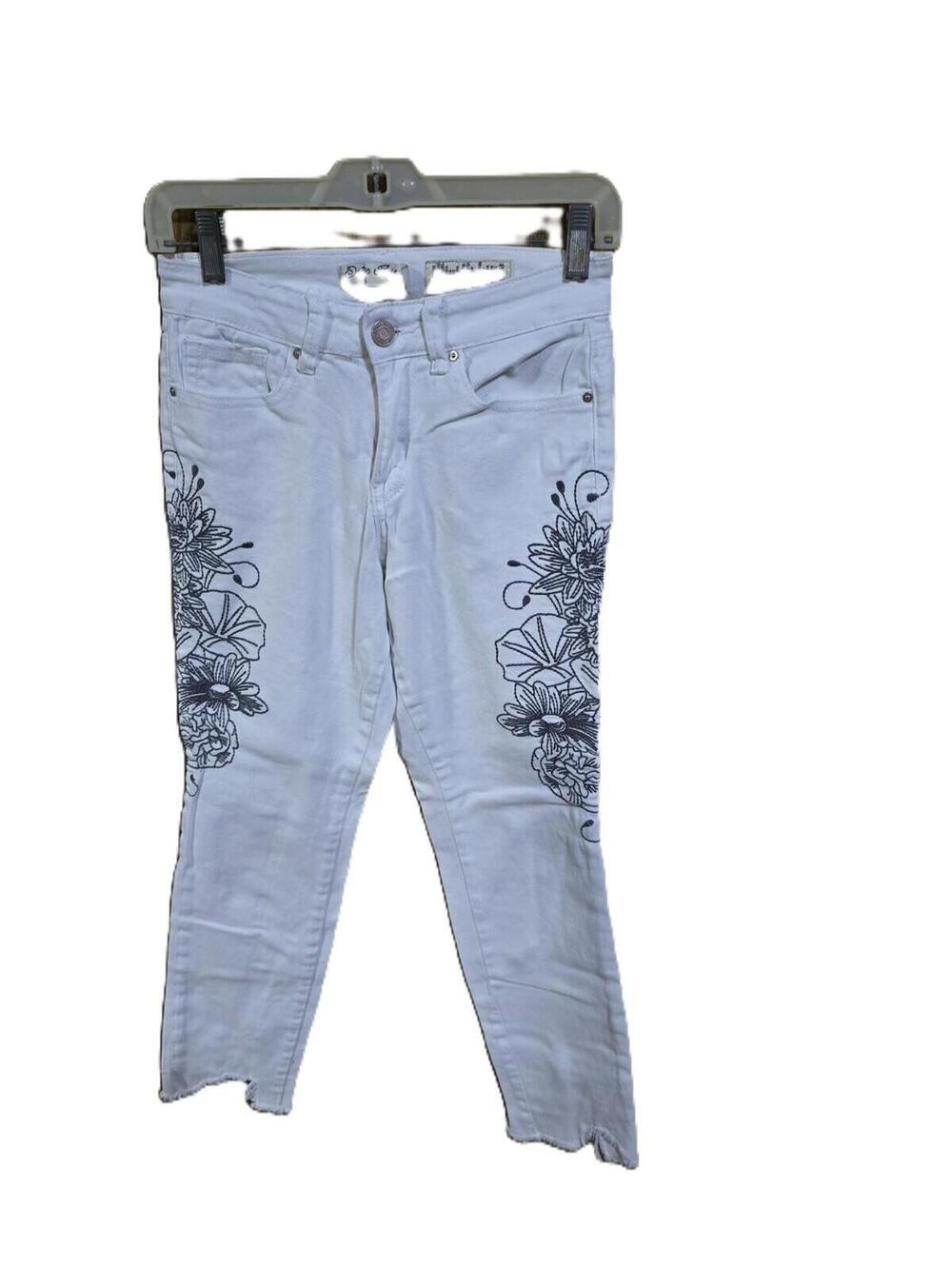 Indigo Rein White Denim Jeans Black Embroidery Size 5/26